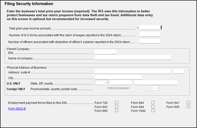 Image of "Filing Security Information" screen